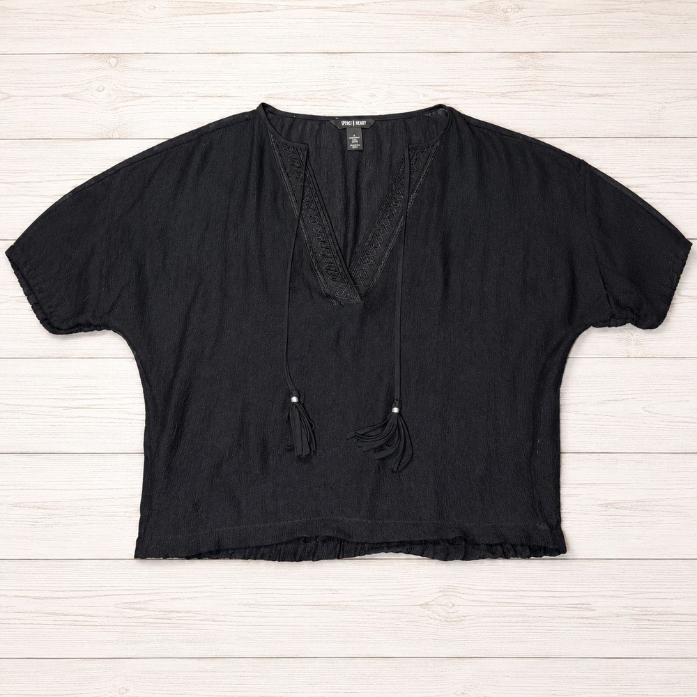 White House Black Market Black Embroidered Tassel Peasant Blouse XS Boho
